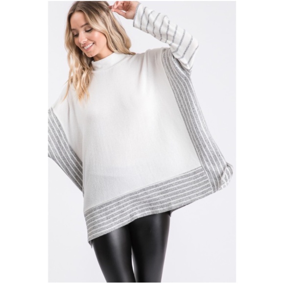 Cozy Striped Color Block Mock neck Poncho Sweater Top - Picture 3 of 5